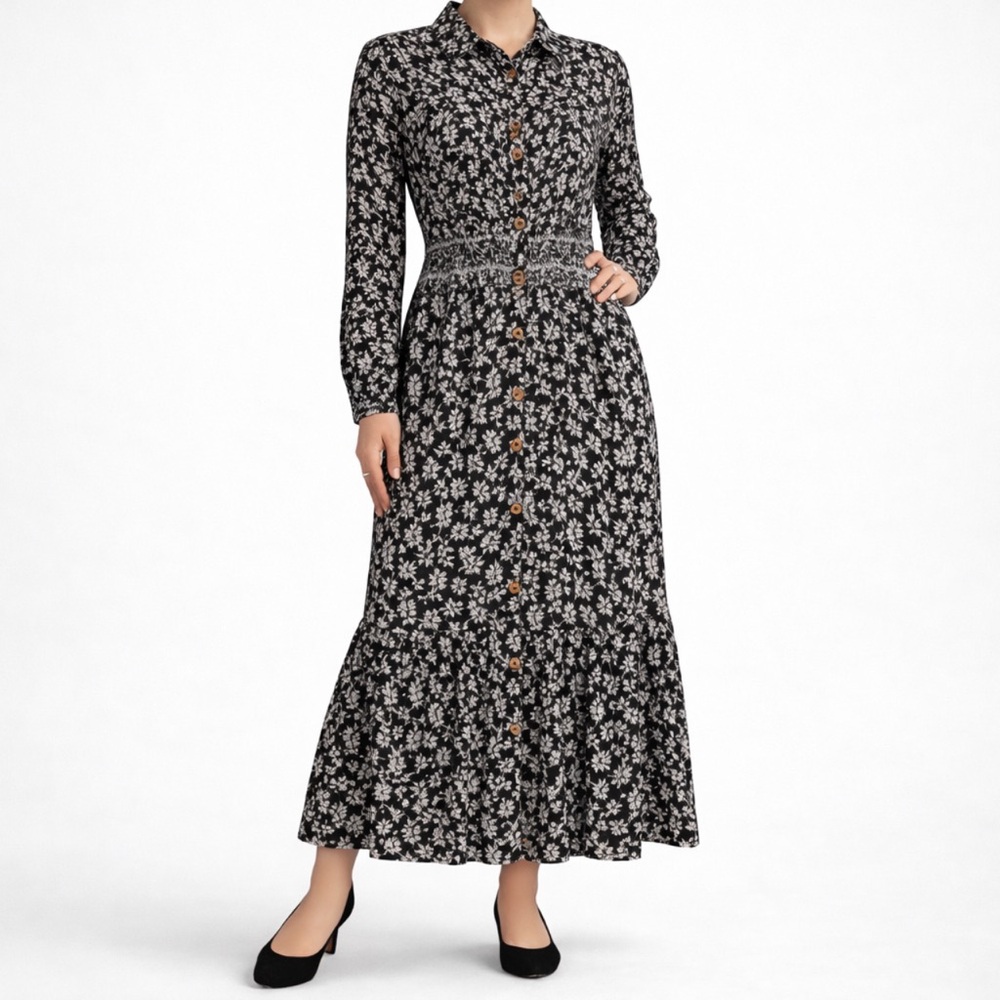 Fame on Central Bella Floral Print Smocked Maxi Shirt Dress 3/4 sleeves size 40